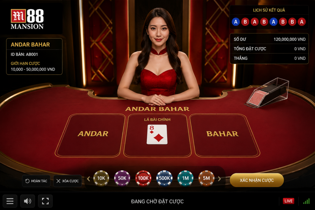Giao diện bàn Andar Bahar trên M88 hiển thị Dealer