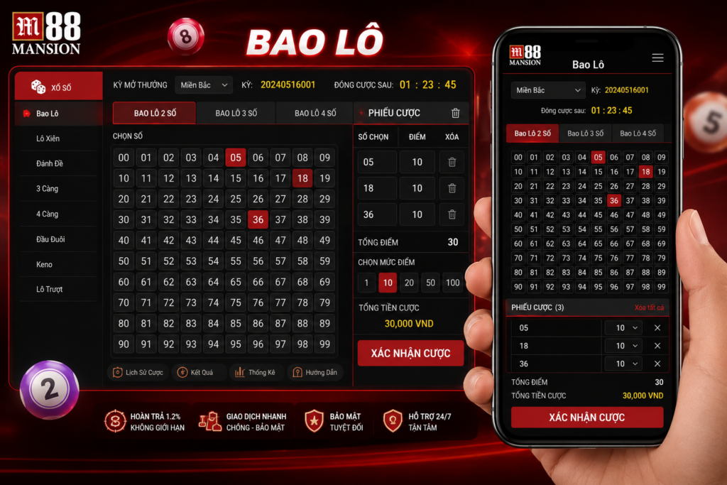 Giao diện Bao Lô trên M88 hiển thị bảng chọn số