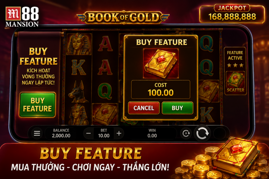 Giao diện thông tin một trò chơi slot trên M88 đang hiển thị nút BUY FEATURE