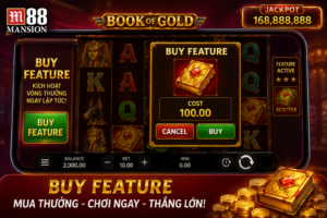 Giao diện thông tin một trò chơi slot trên M88 đang hiển thị nút BUY FEATURE