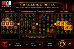 Giao diện thông tin một trò chơi slot trên M88 đang hiển thị cơ chế Cascading Reels