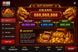 Giao diện thông tin một trò chơi slot trên M88 hiển thị quỹ Jackpot nổi bật với các cấp Mini, Minor, Major và Grand.