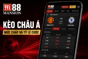 Kèo Châu Á trên M88 hiển thị mức chấp và tỷ lệ cược của hai đội.