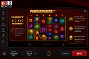 Giao diện slot Megaways trên M88 với nhiều cách thắng