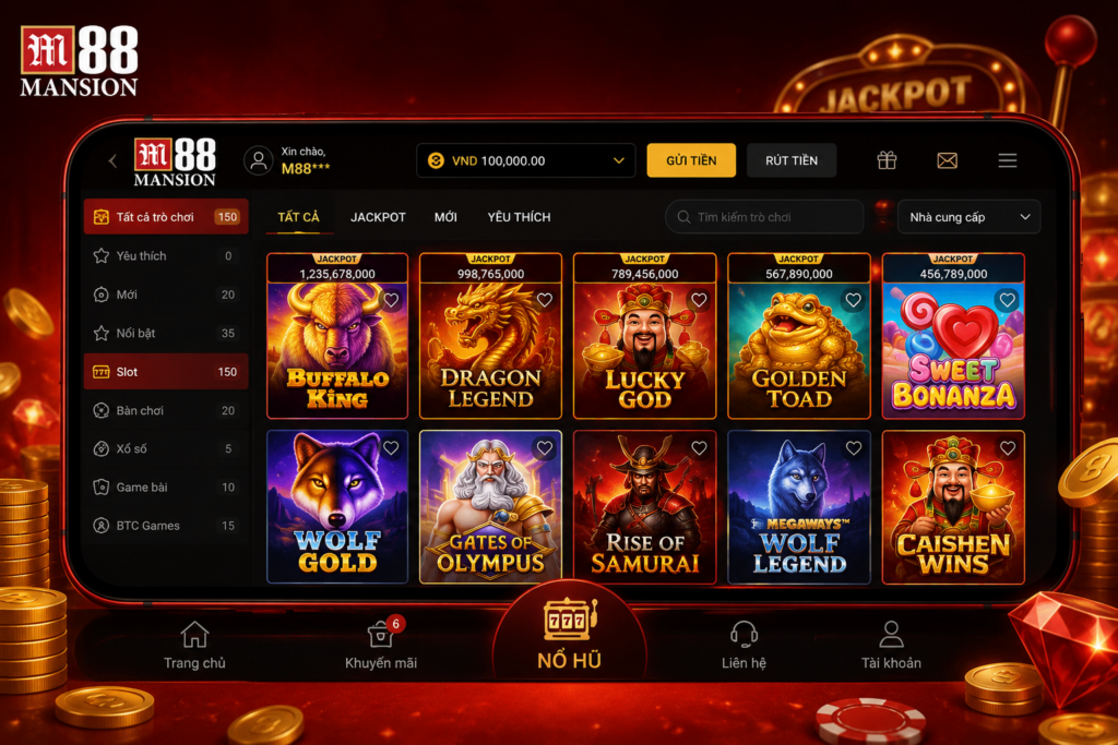 Giao diện sảnh Nổ Hũ trên M88 hiển thị nhiều trò chơi slot và Jackpot