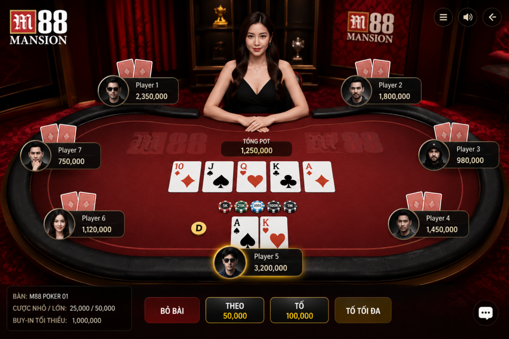 Giao diện bàn Poker trên M88 hiển thị Dealer