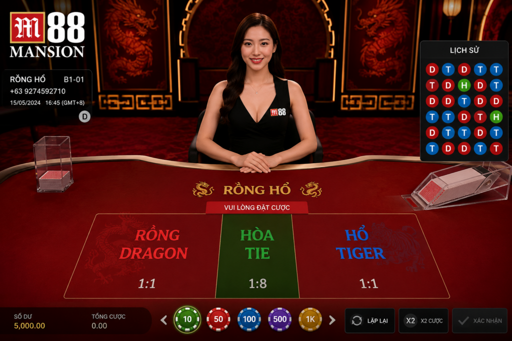 Giao diện bàn Rồng Hổ trên M88 hiển thị Dealer