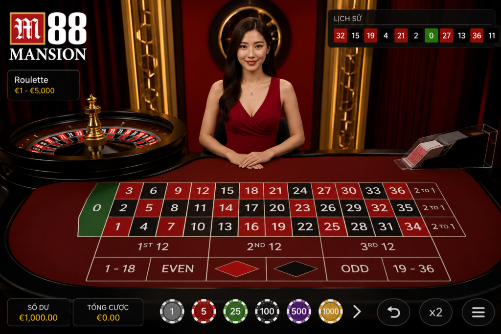 Giao diện bàn Roulette trên M88 hiển thị Dealer