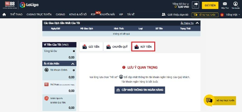 Hướng dẫn rút tiền M88 về ví ngân hàng