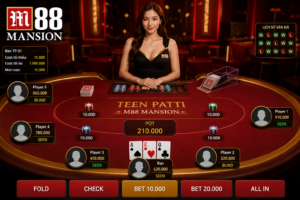 Giao diện bàn Teen Patti trên M88 hiển thị Dealer