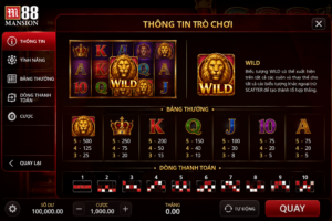 Giao diện thông tin một trò chơi slot trên M88 hiển thị biểu tượng Wild nổi bật trên các cuộn quay