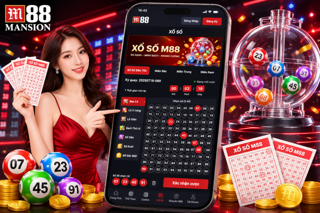 Giao diện sảnh Xổ Số M88 hiển thị các loại xổ số, kỳ quay, bảng lựa chọn số và thời gian đếm ngược