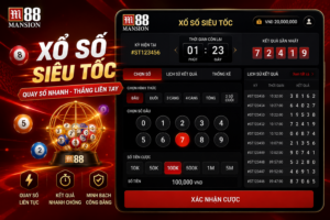 Giao diện Xổ Số Siêu Tốc trên M88 hiển thị bảng chọn số, đồng hồ đếm ngược, mã kỳ quay và lịch sử kết quả